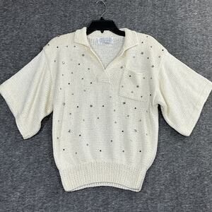 80's Sweater Nannell Cream and Rhinestone Open Weave Short Sleeve Sweater Large